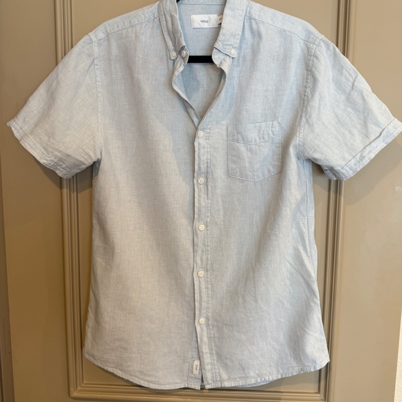 Onia Jack Linen Blend Blue Pinstripe Button Down Short Sleeve Shirt Size Small S - Picture 2 of 8